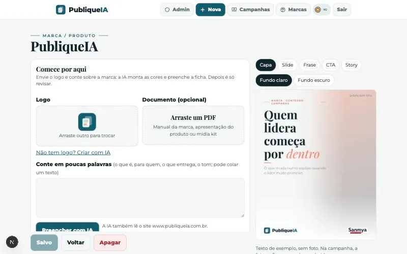 Cadastro de marca com logo, preenchimento por IA e prévia da arte